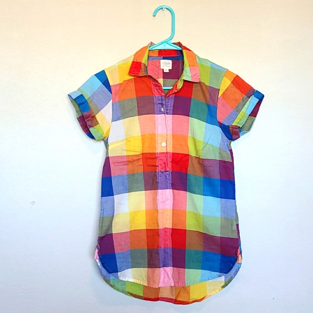 J Crew Rainbow Plaid Popover Lightweight Short Sleeve Top Size XXS